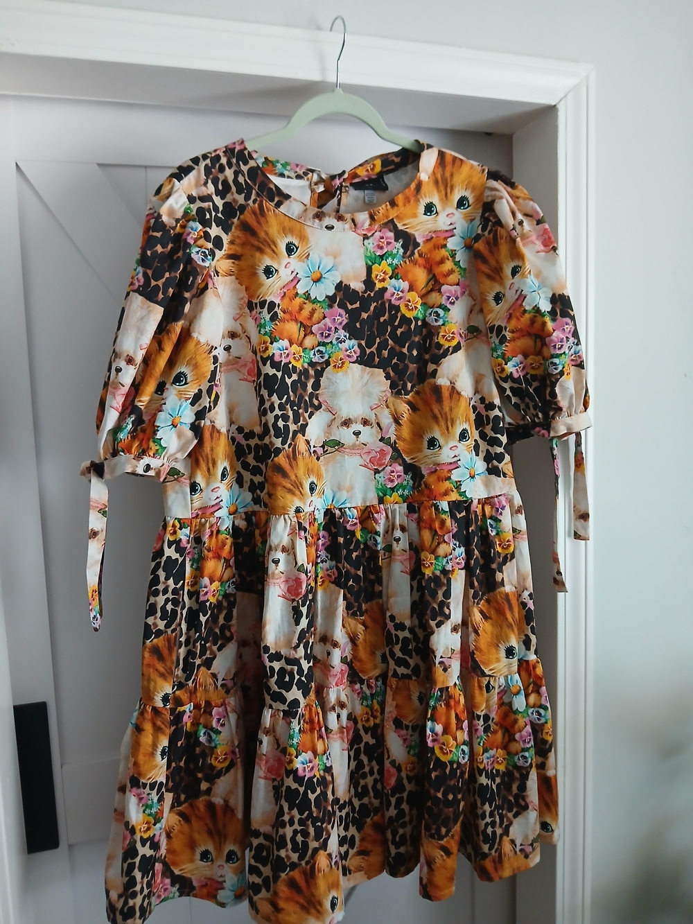 Ladies Floral Kitten Print Dress - Leopard print brown